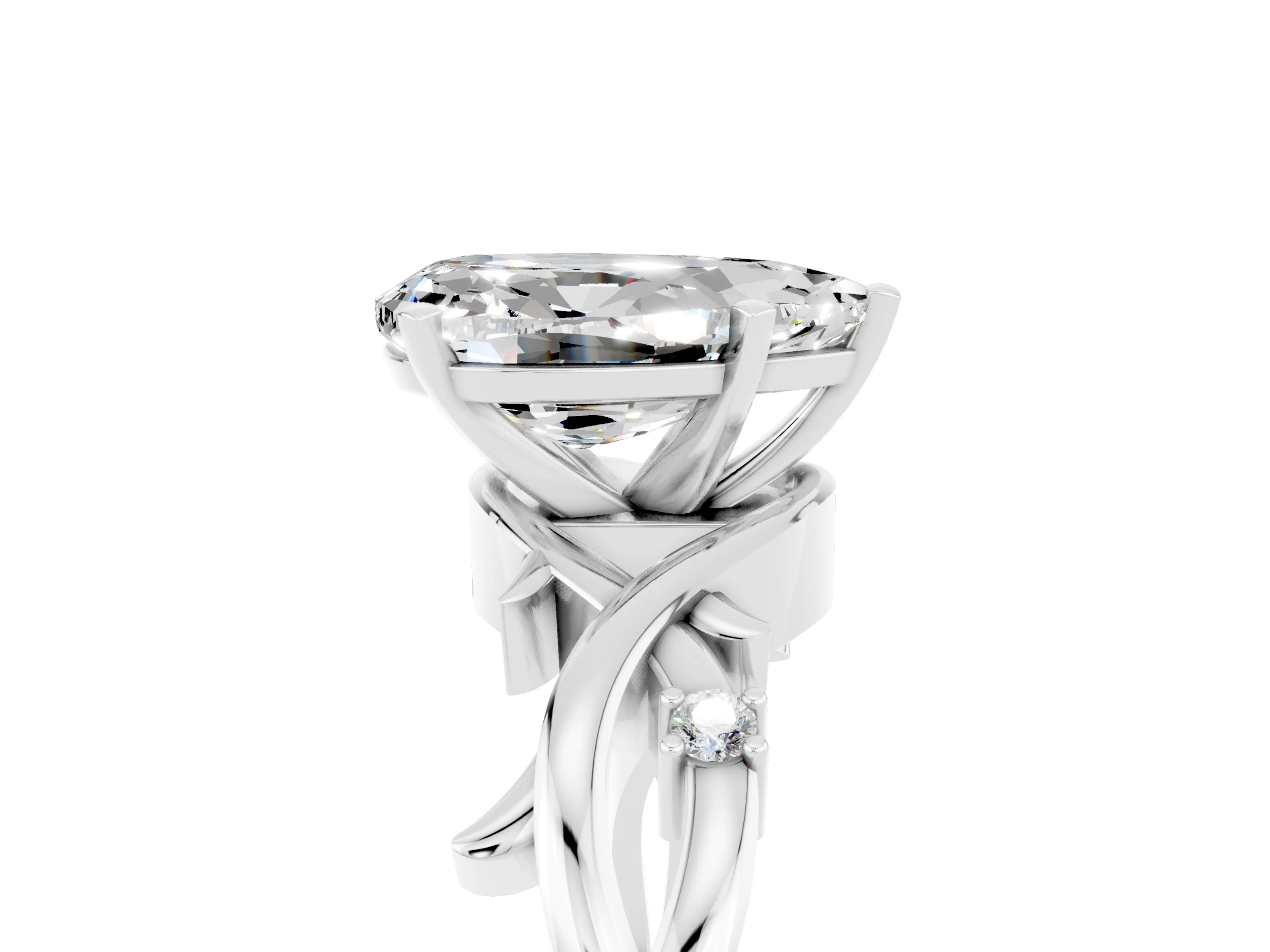White gold Pear Cut Moissanite Solitaire Ring with Twisted Band and Prong Setting_5