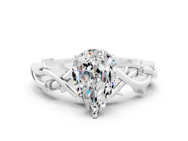 Silver Pear Cut Moissanite Solitaire Ring with Twisted Band and Prong Setting