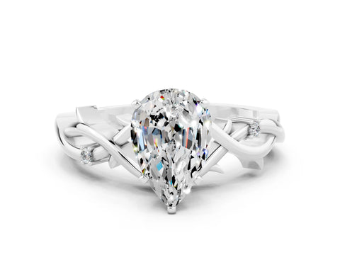 White gold Pear Cut Moissanite Solitaire Ring with Twisted Band and Prong Setting