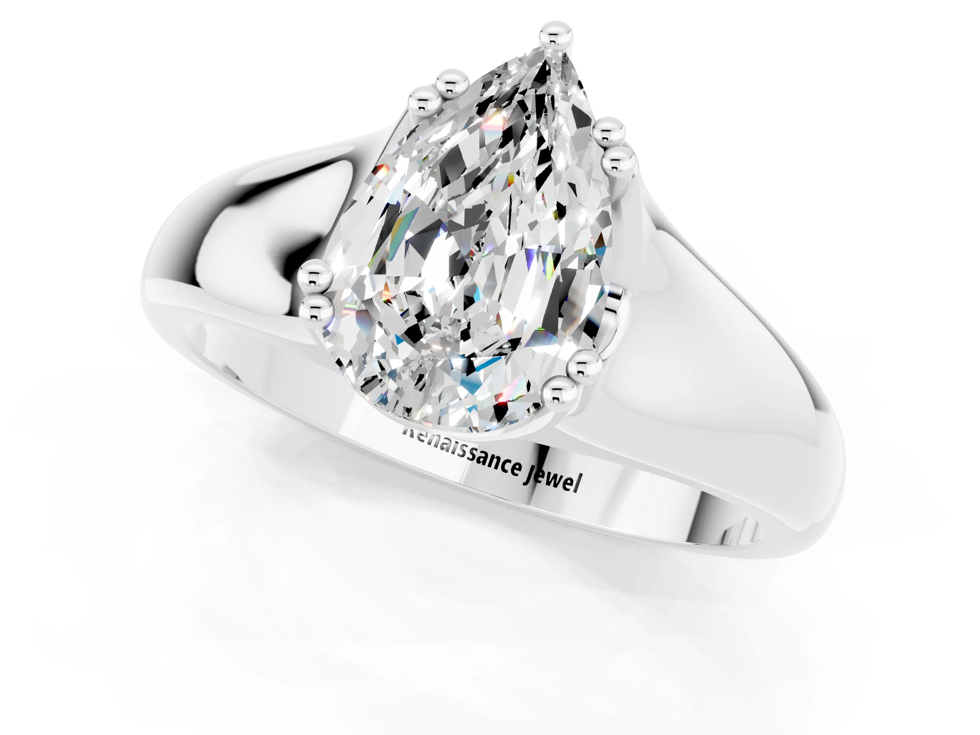 White gold Pear Cut Moissanite Solitaire Ring with Wide Band and Prong Setting_1