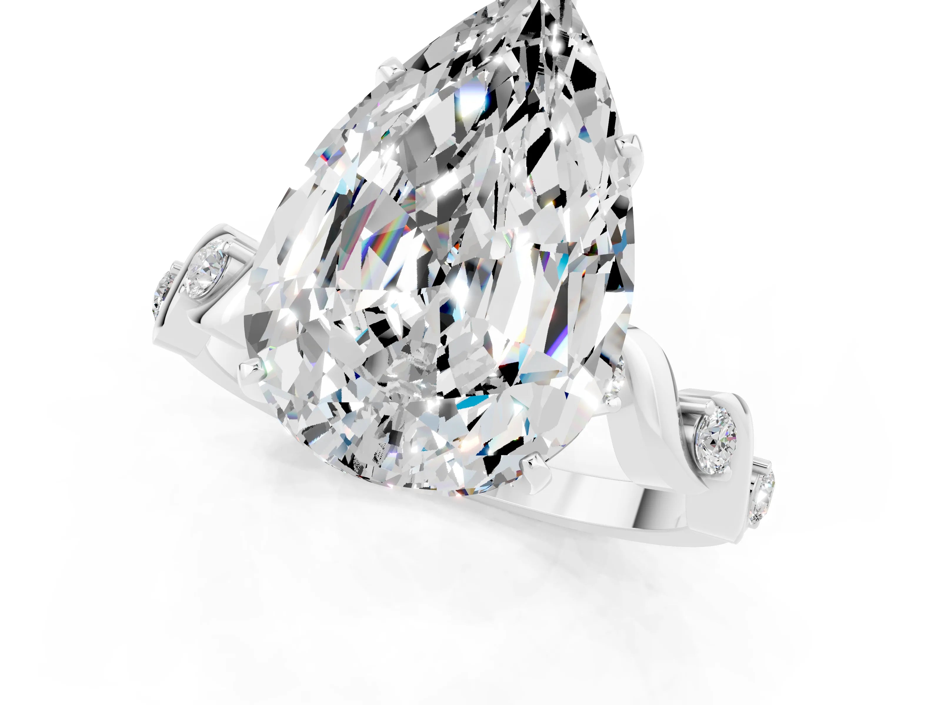 White gold Pear Cut Moissanite Solitaire Twisted Band with Round  Accents and Prong Setting_13
