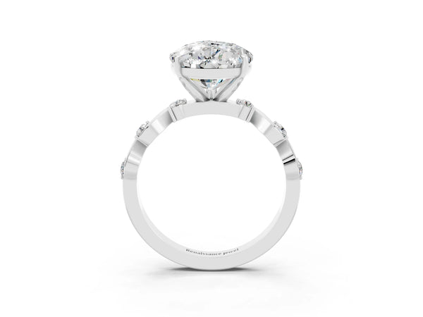 Silver Pear Cut Moissanite Solitaire Twisted Band with Round  Accents and Prong Setting