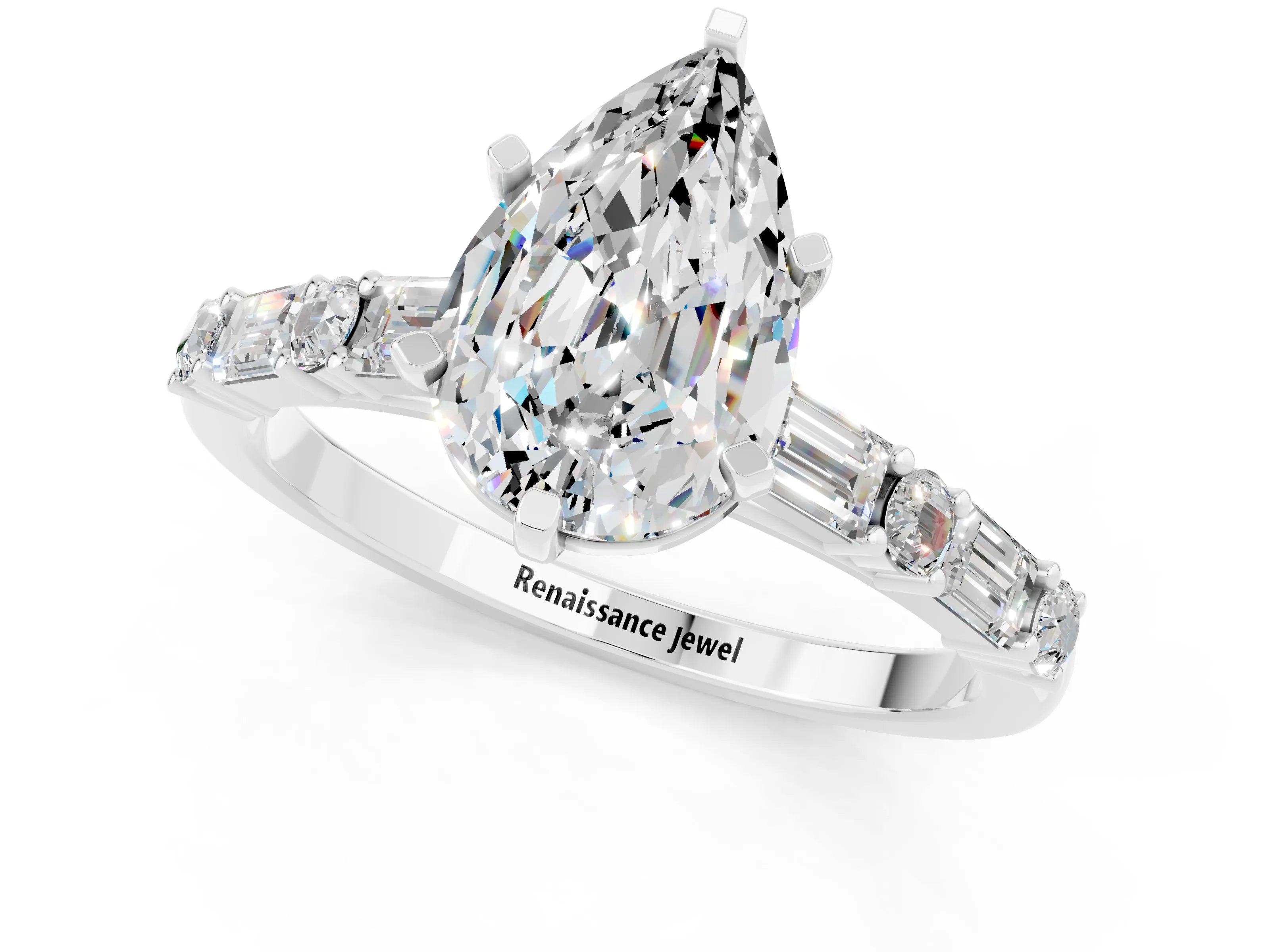 White gold Pear Cut Moissanite Solitaire with Side Baguettes and Channel Set Band_1