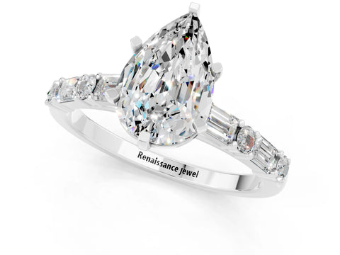 White gold Pear Cut Moissanite Solitaire with Side Baguettes and Channel Set Band_1