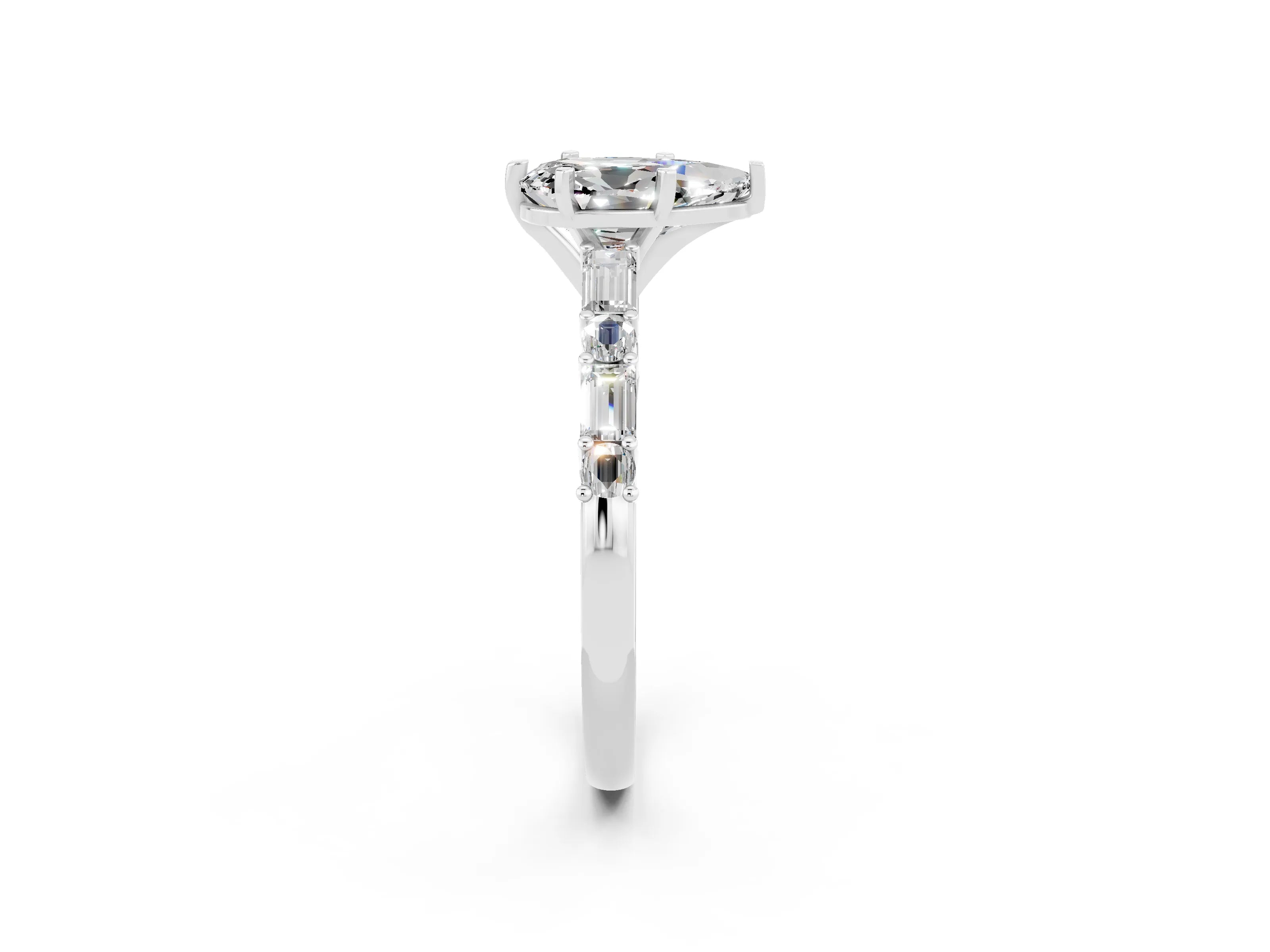 White gold Pear Cut Moissanite Solitaire with Side Baguettes and Channel Set Band_2