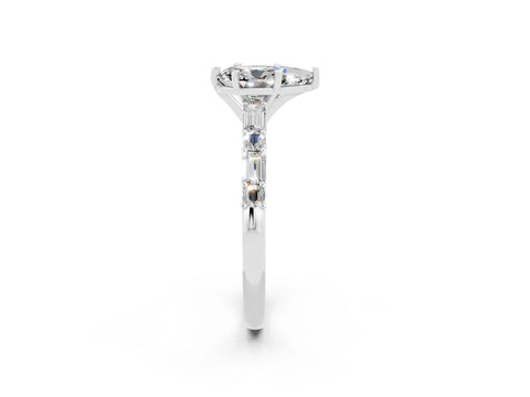 White gold Pear Cut Moissanite Solitaire with Side Baguettes and Channel Set Band_2