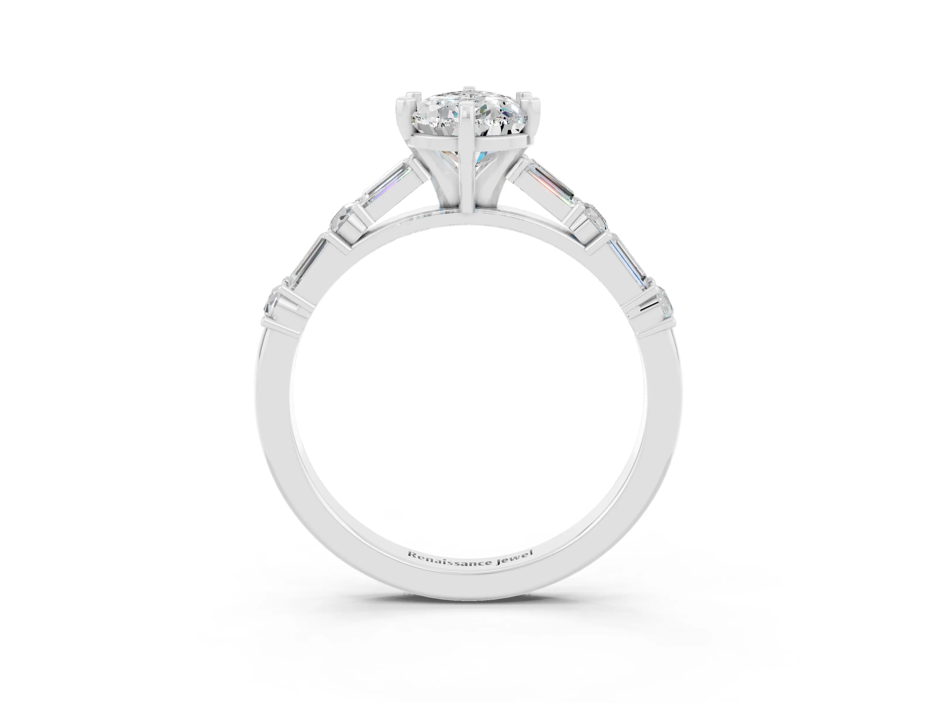 White gold Pear Cut Moissanite Solitaire with Side Baguettes and Channel Set Band_3