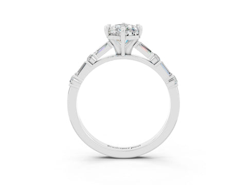 White gold Pear Cut Moissanite Solitaire with Side Baguettes and Channel Set Band_3