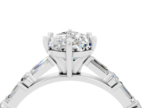 White gold Pear Cut Moissanite Solitaire with Side Baguettes and Channel Set Band_4