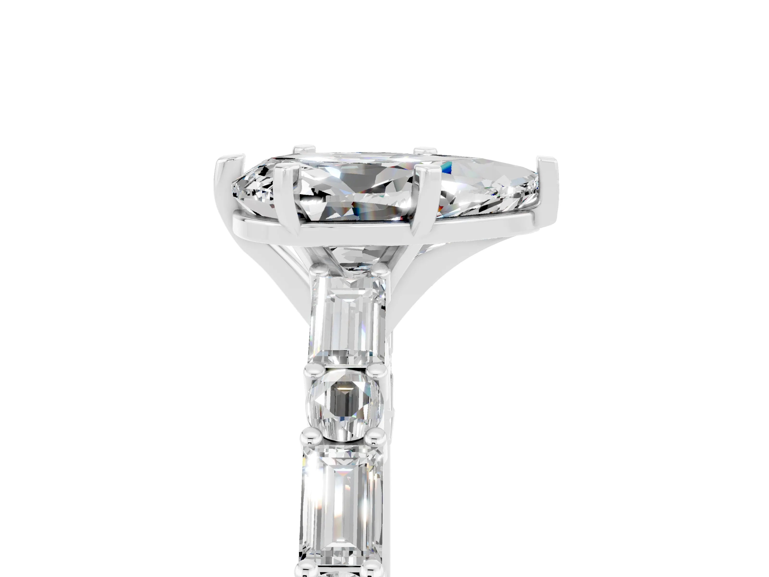 White gold Pear Cut Moissanite Solitaire with Side Baguettes and Channel Set Band_5