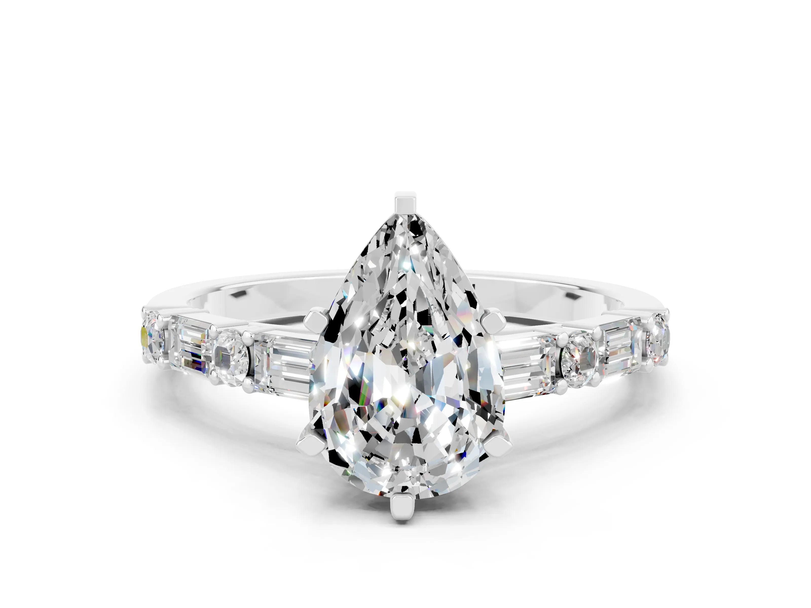 White gold Pear Cut Moissanite Solitaire with Side Baguettes and Channel Set Band