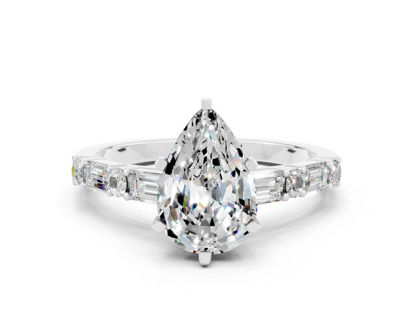 White gold Pear Cut Moissanite Solitaire with Side Baguettes and Channel Set Band