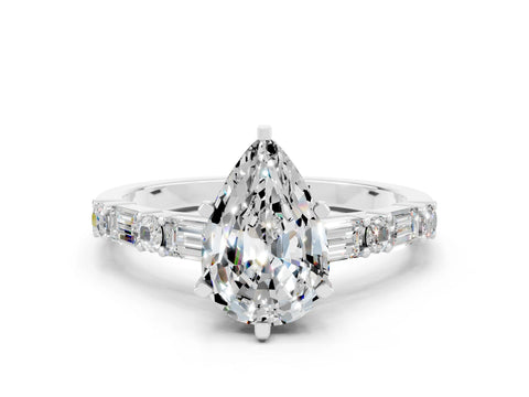 White gold Pear Cut Moissanite Solitaire with Side Baguettes and Channel Set Band
