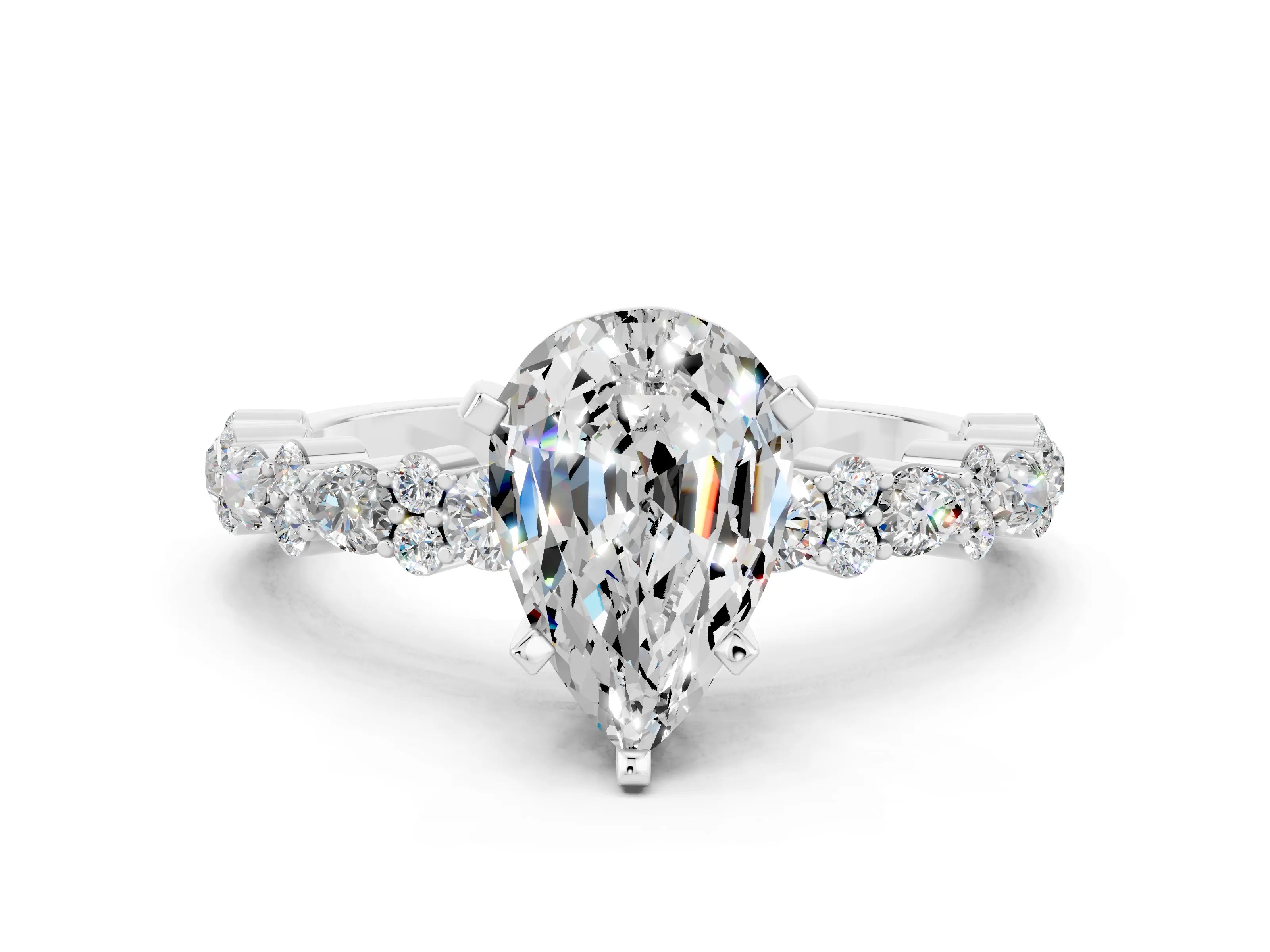 White gold Pear Cut Moissanite Solitaire with Side Stones, Pave Band, Four-Prong Setting_36