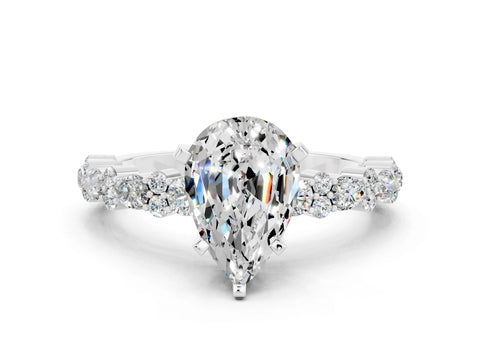 White gold Pear Cut Moissanite Solitaire with Side Stones, Pave Band, Four-Prong Setting_36