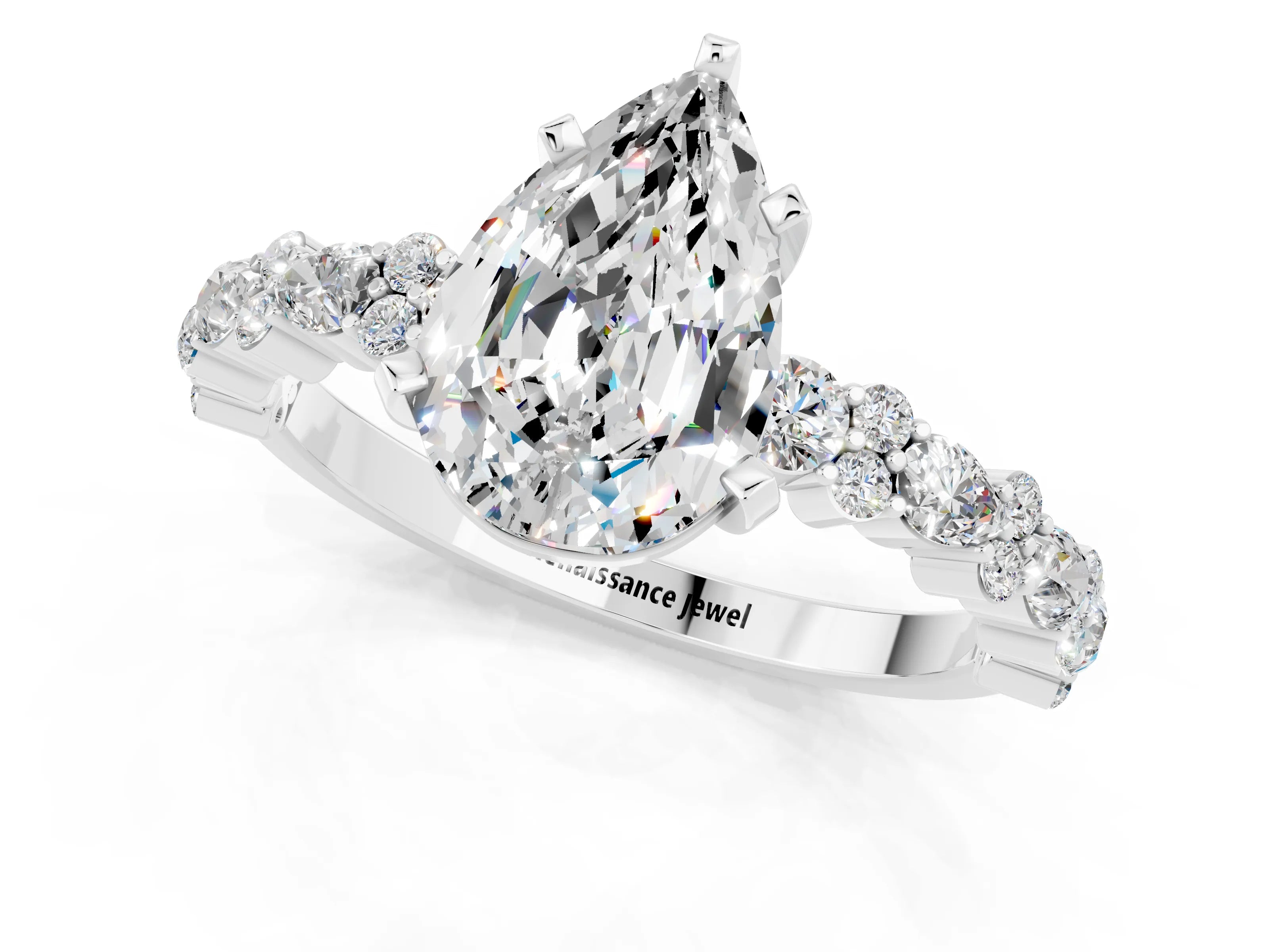 White gold Pear Cut Moissanite Solitaire with Side Stones, Pave Band, Four-Prong Setting_37