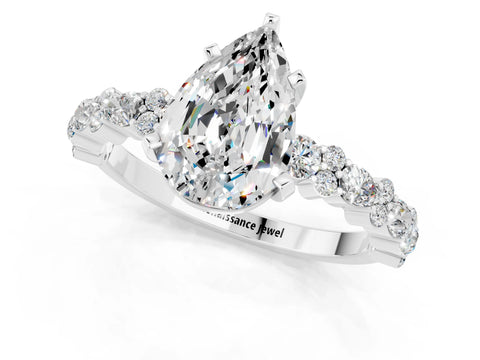 White gold Pear Cut Moissanite Solitaire with Side Stones, Pave Band, Four-Prong Setting_37