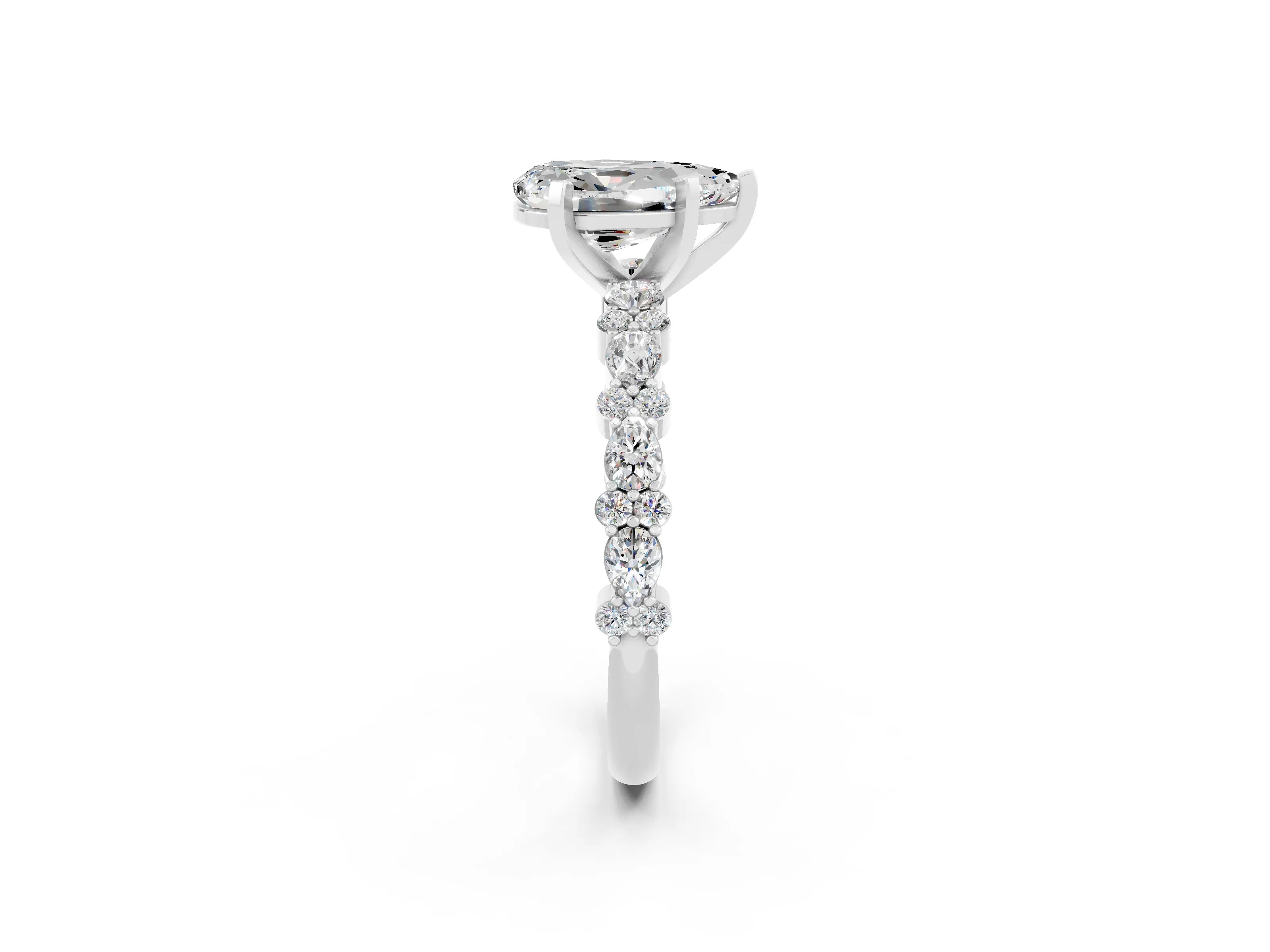 White gold Pear Cut Moissanite Solitaire with Side Stones, Pave Band, Four-Prong Setting_38