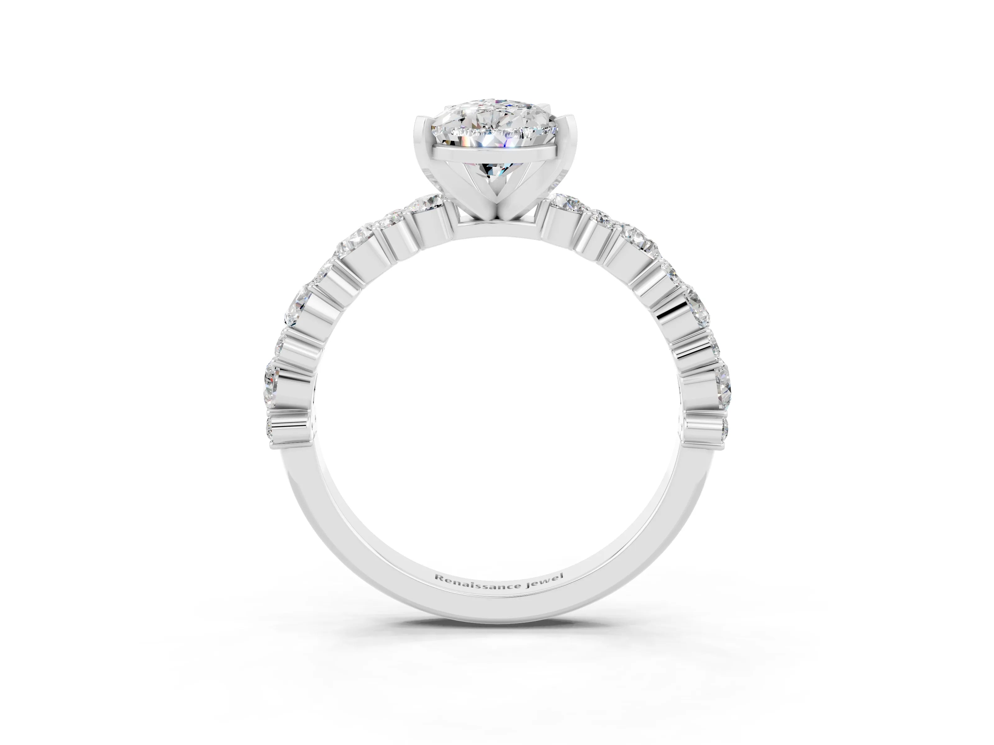 White gold Pear Cut Moissanite Solitaire with Side Stones, Pave Band, Four-Prong Setting_39