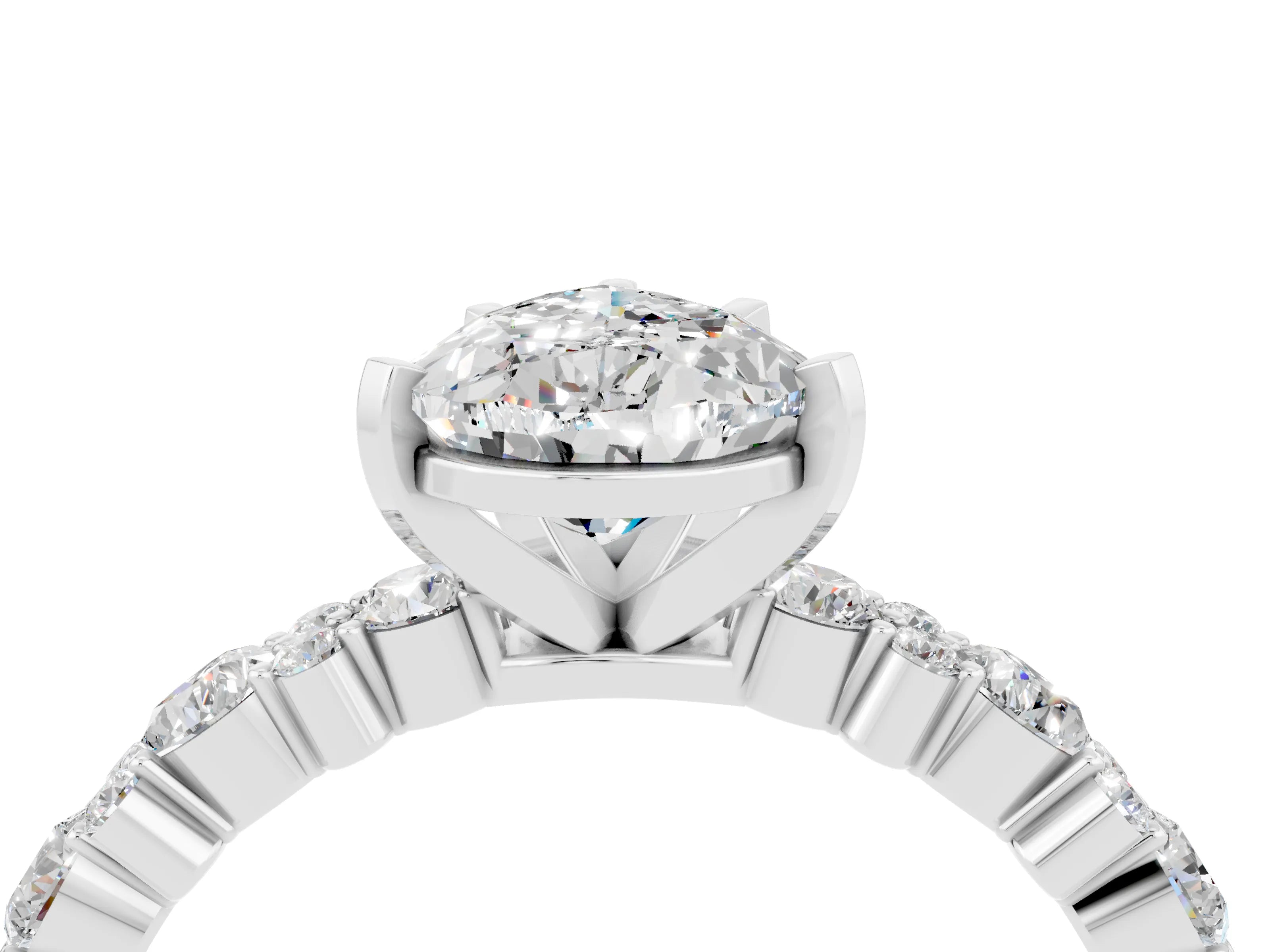 White gold Pear Cut Moissanite Solitaire with Side Stones, Pave Band, Four-Prong Setting_40
