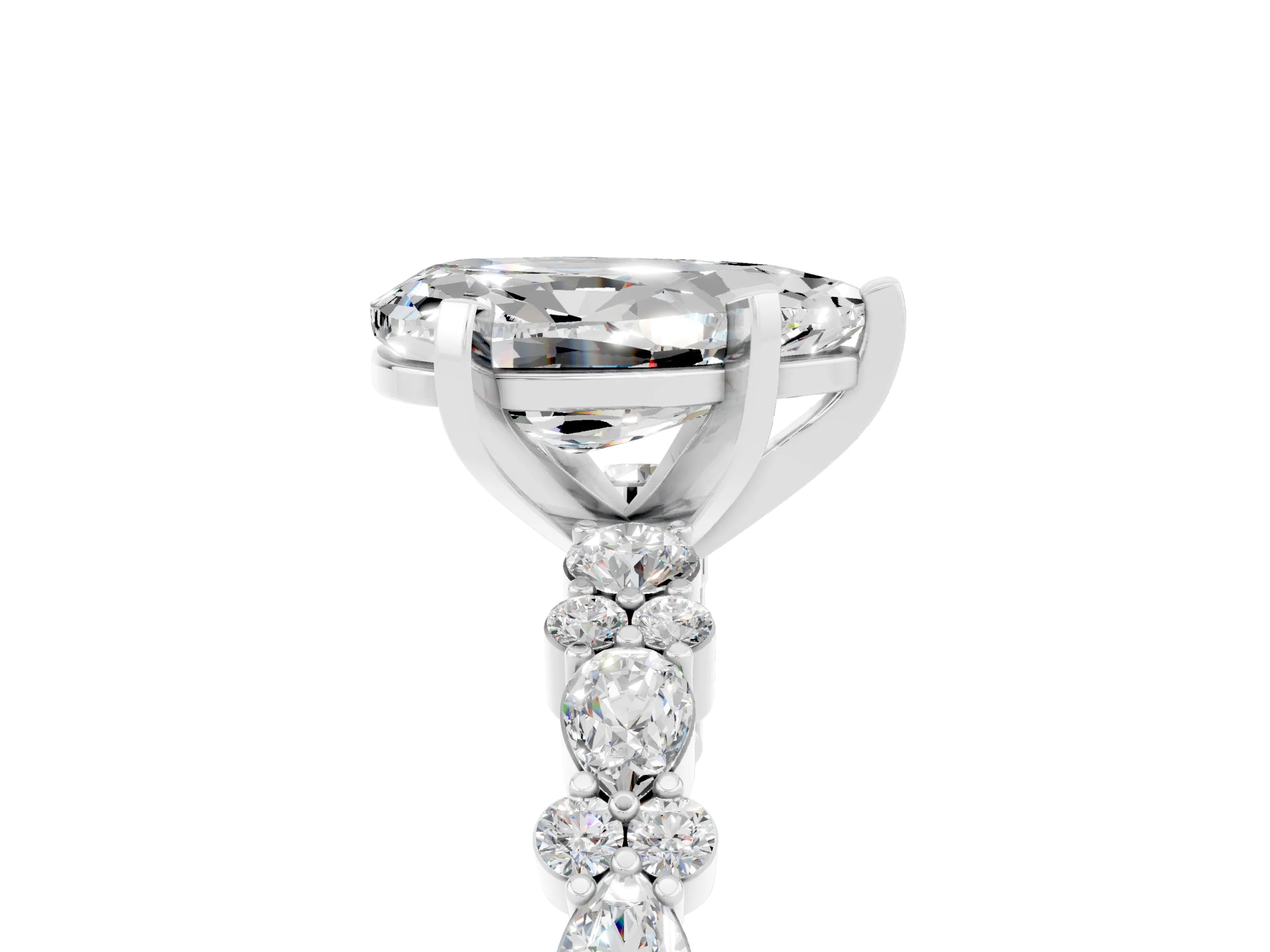 White gold Pear Cut Moissanite Solitaire with Side Stones, Pave Band, Four-Prong Setting_41