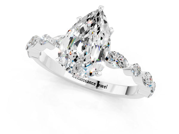 Platinum Pear Cut Moissanite Ring with Marquise and Round  Side Stones and Four-Prong Setting
