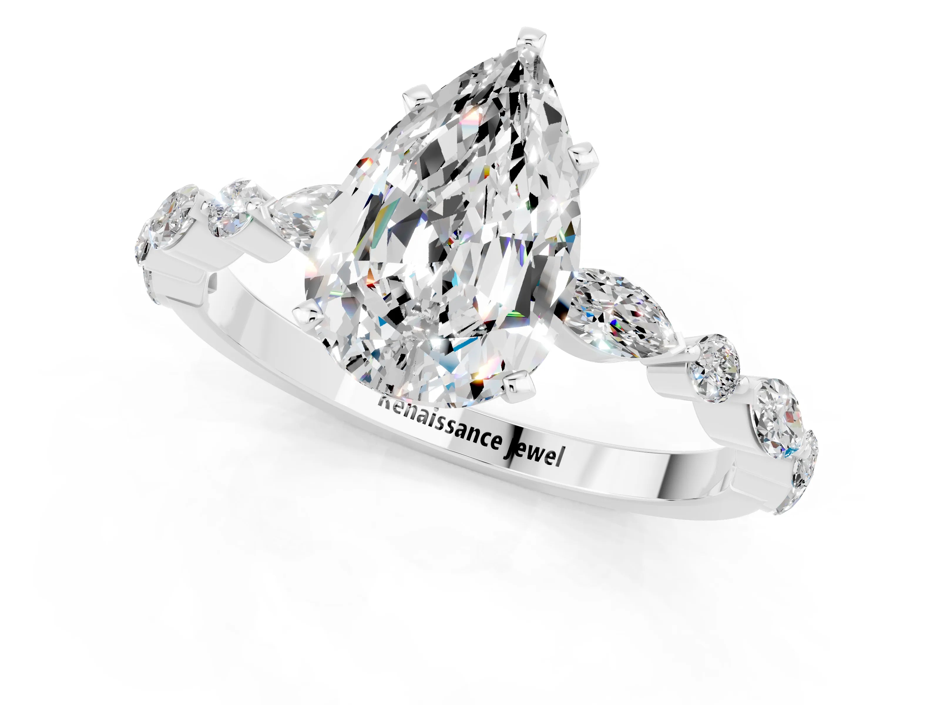 White gold Pear Cut Moissanite Solitaire with Side Stones on a Pavé Band and Four-Prong Setting_1