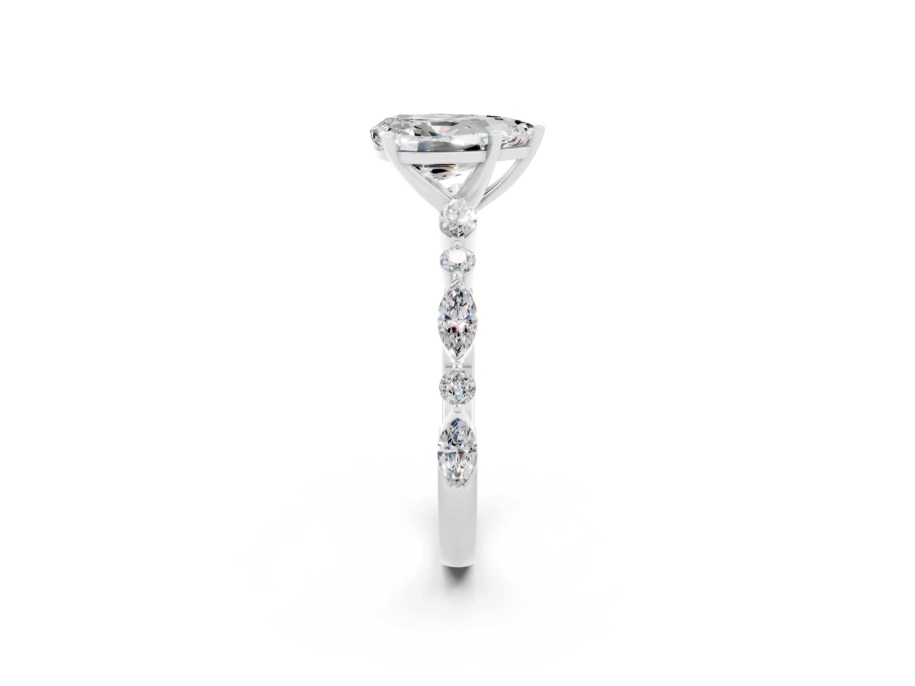 White gold Pear Cut Moissanite Solitaire with Side Stones on a Pavé Band and Four-Prong Setting_2