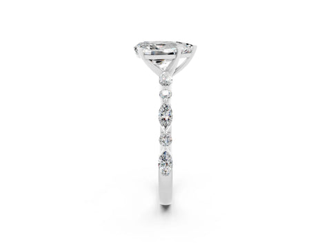 White gold Pear Cut Moissanite Solitaire with Side Stones on a Pavé Band and Four-Prong Setting_2