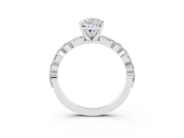 Platinum Pear Cut Moissanite Ring with Marquise and Round  Side Stones and Four-Prong Setting