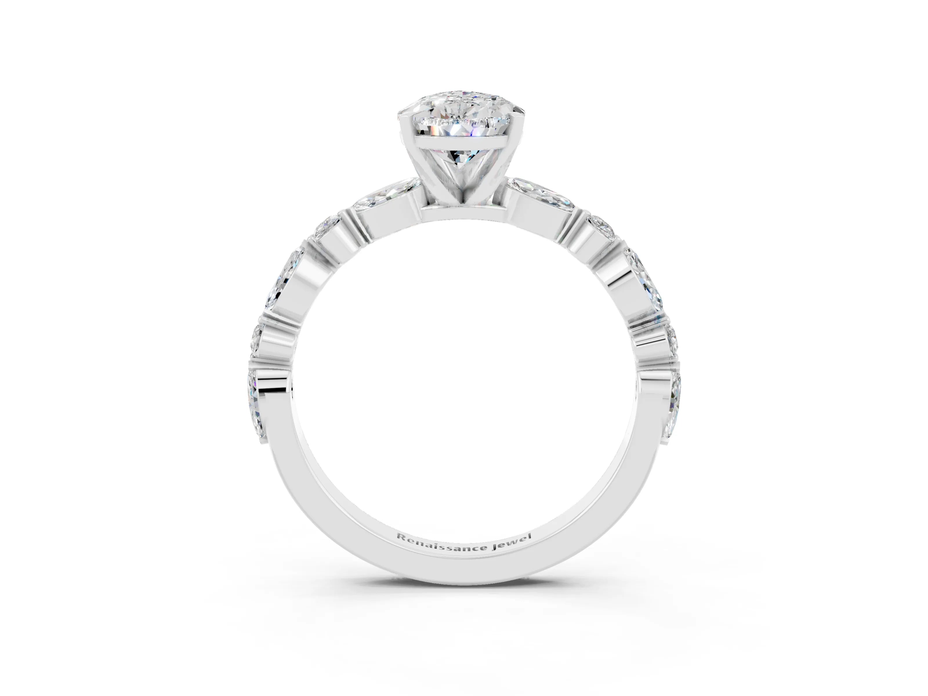 White gold Pear Cut Moissanite Solitaire with Side Stones on a Pavé Band and Four-Prong Setting_3