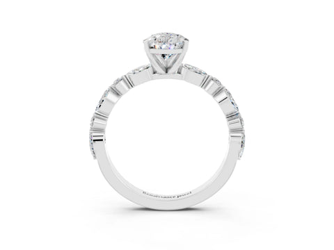 White gold Pear Cut Moissanite Solitaire with Side Stones on a Pavé Band and Four-Prong Setting_3