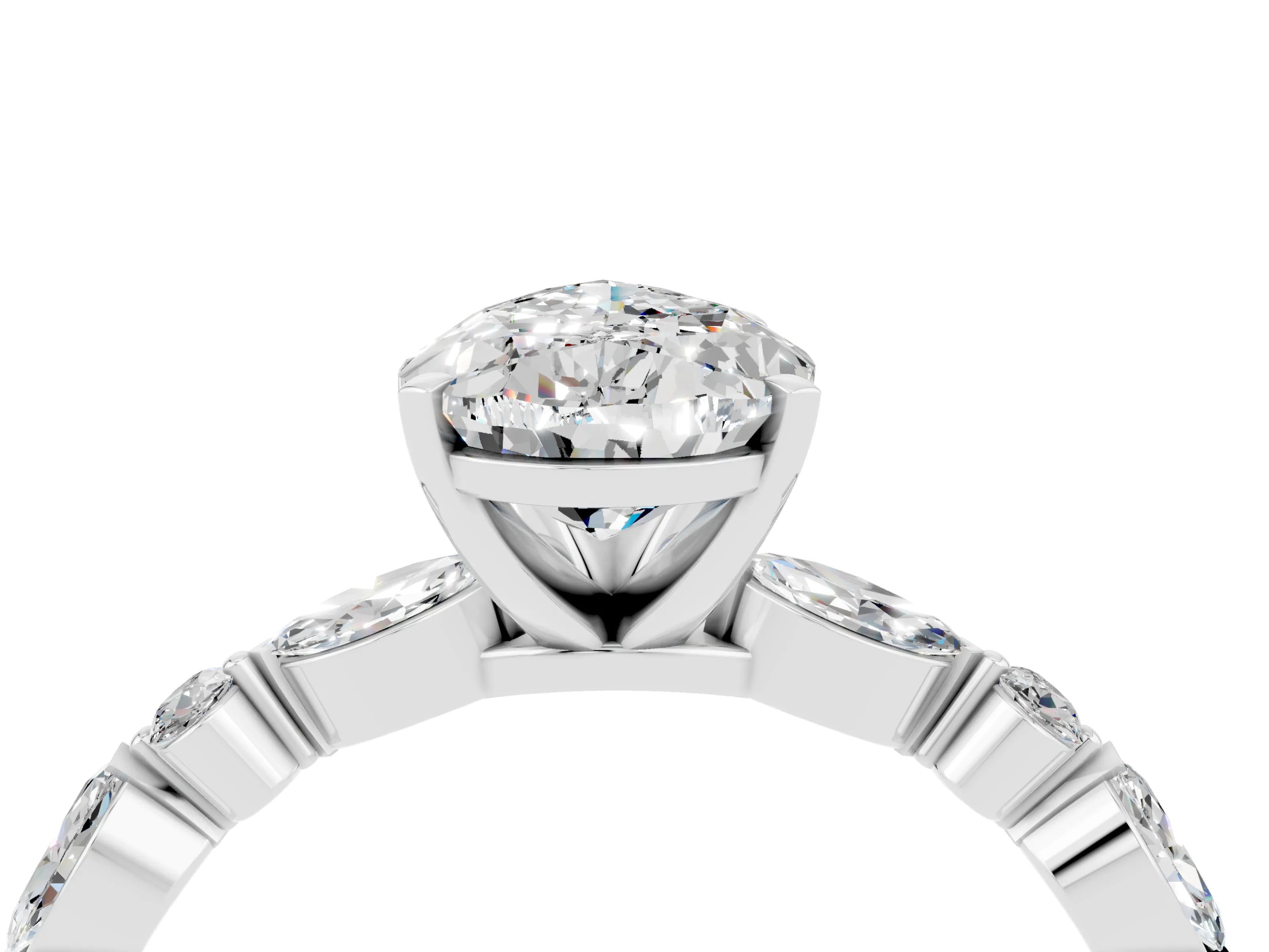 White gold Pear Cut Moissanite Solitaire with Side Stones on a Pavé Band and Four-Prong Setting_4