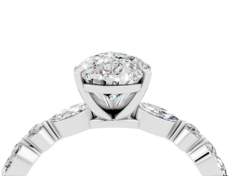 White gold Pear Cut Moissanite Solitaire with Side Stones on a Pavé Band and Four-Prong Setting_4