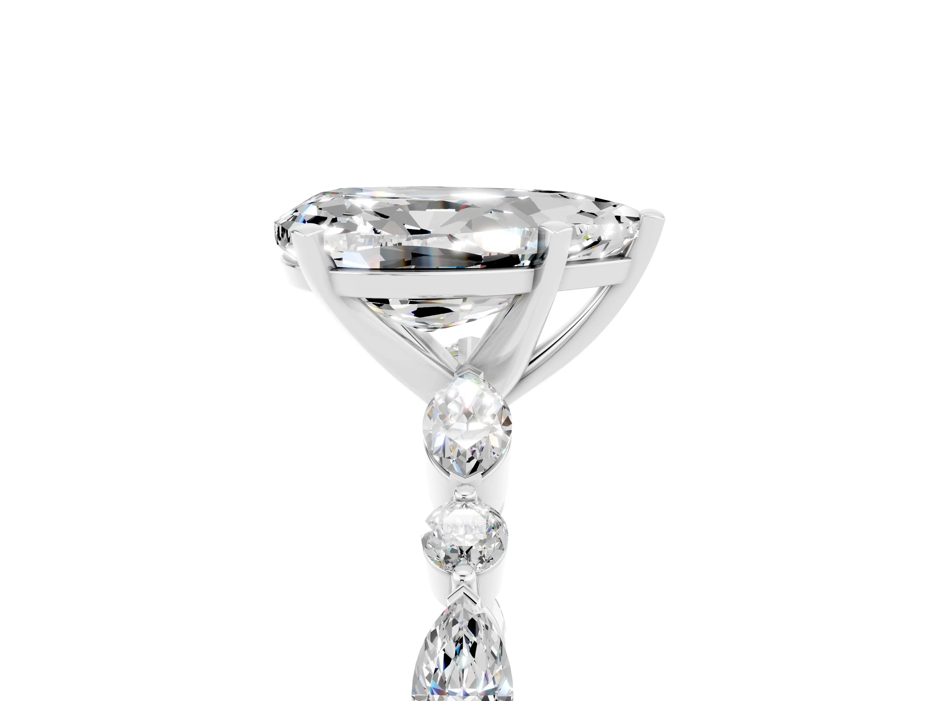 White gold Pear Cut Moissanite Solitaire with Side Stones on a Pavé Band and Four-Prong Setting_5