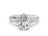 White gold Pear Cut Moissanite Split Shank Engagement Ring with Pavé Band