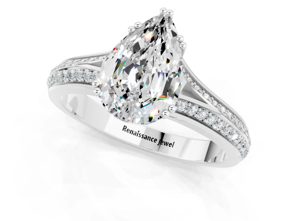 Silver Pear Cut Moissanite Split Shank Engagement Ring with Pavé Band