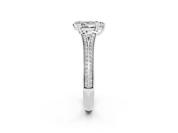 White gold Pear Cut Moissanite Split Shank Engagement Ring with Pavé Band