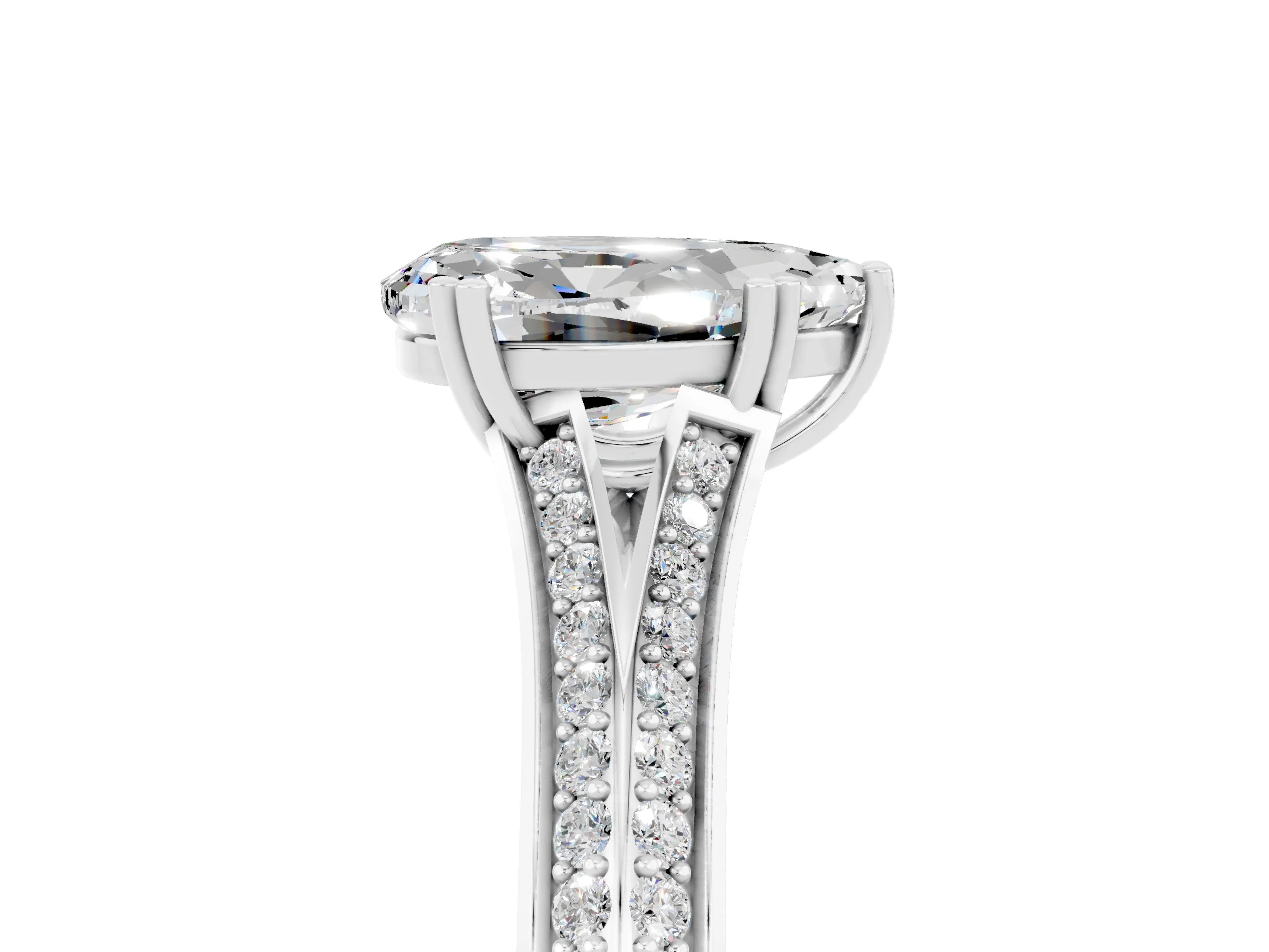 White gold Pear Cut Moissanite Split Shank Engagement Ring with Pavé Band_5