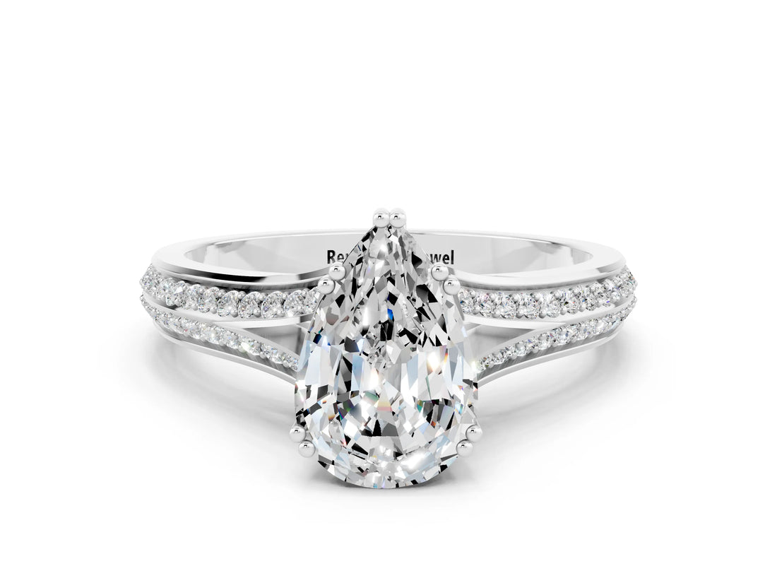 White gold Pear Cut Moissanite Split Shank Engagement Ring with Pavé Band