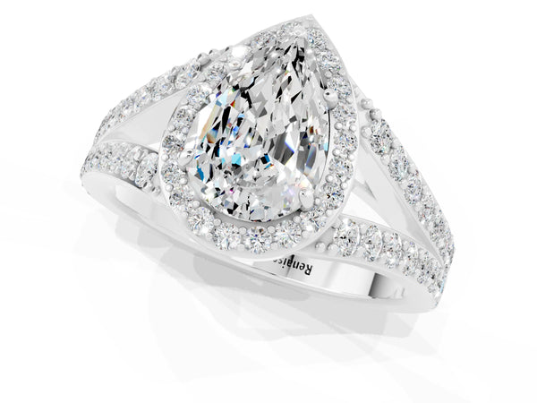 Platinum Pear Cut Moissanite Split Shank Halo Ring with Four-Prong Setting