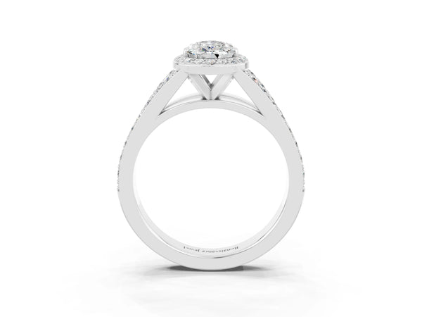 Platinum Pear Cut Moissanite Split Shank Halo Ring with Four-Prong Setting