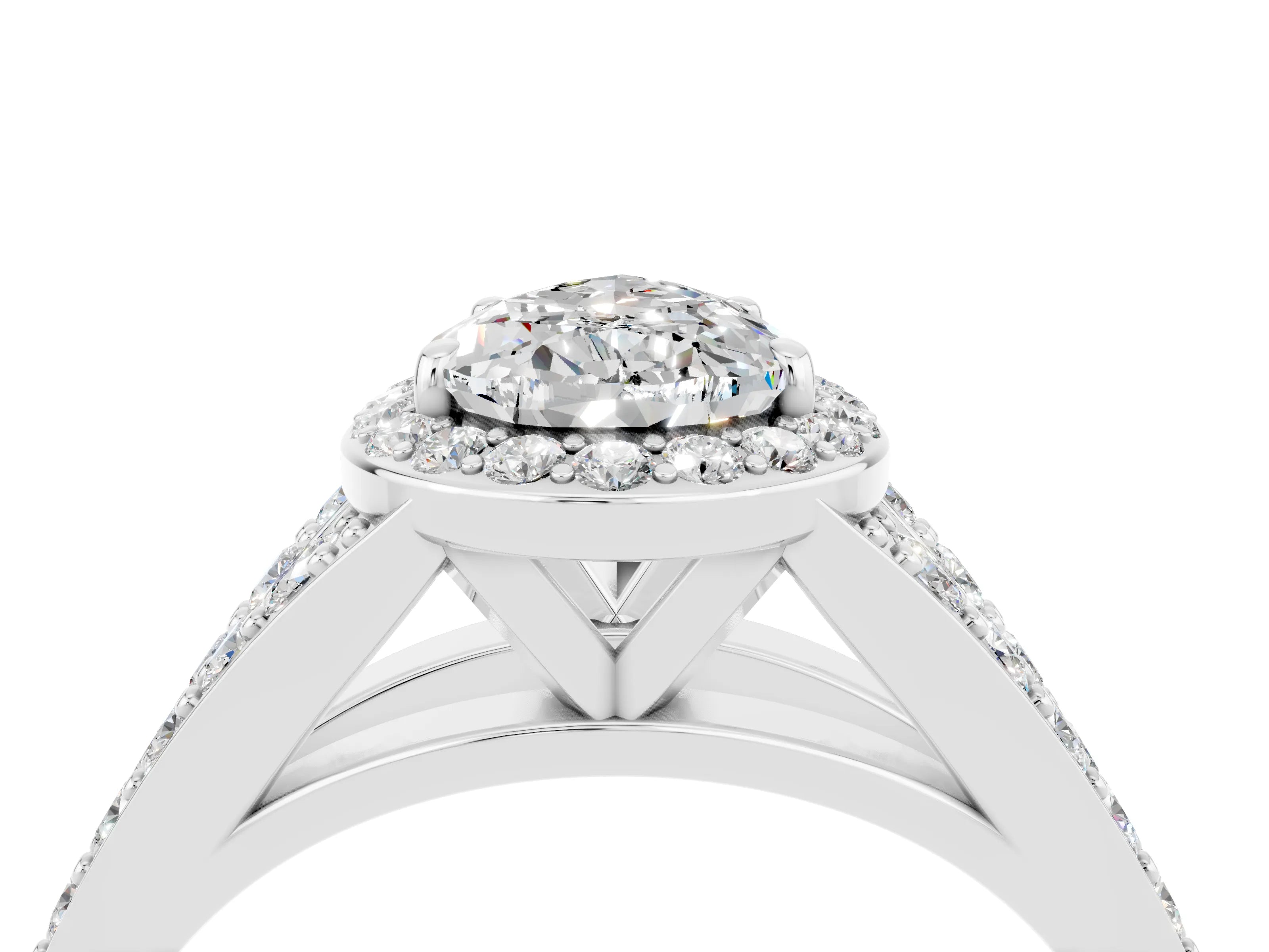 White gold Pear Cut Moissanite Split Shank Halo Ring with Four-Prong Setting_16