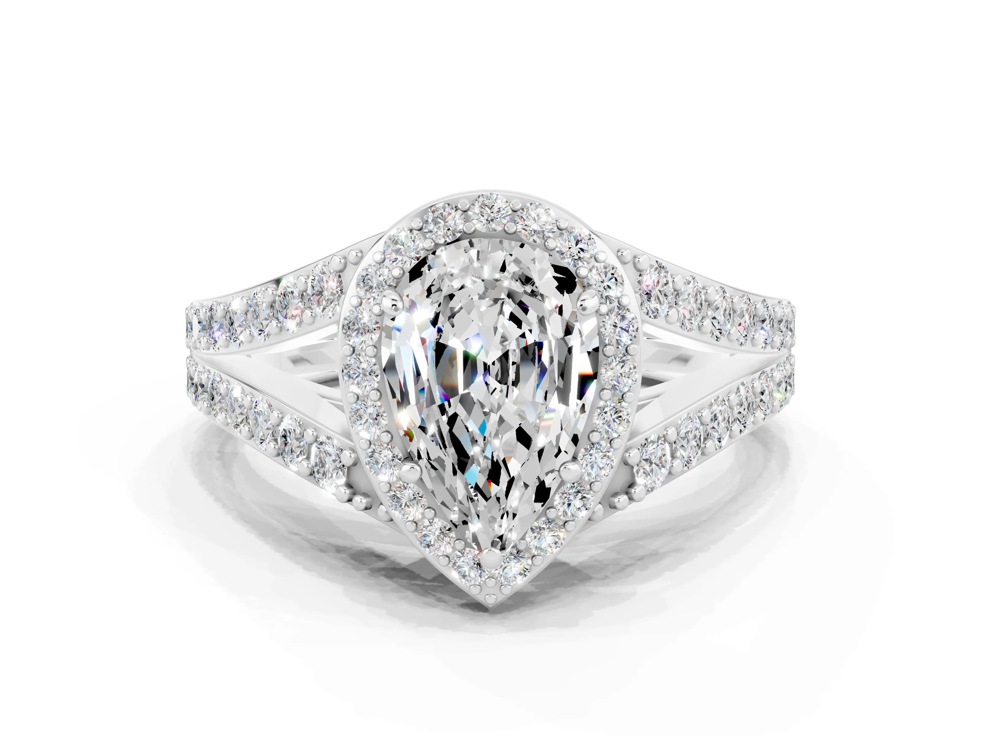 White gold Pear Cut Moissanite Split Shank Halo Ring with Four-Prong Setting_24