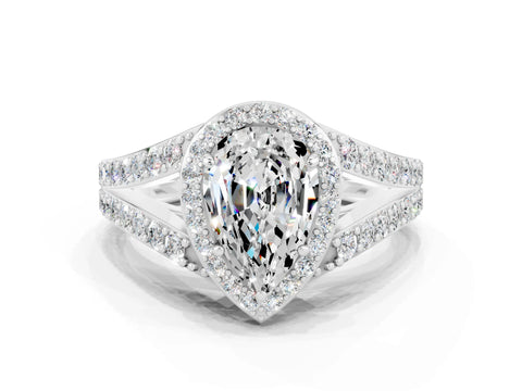 White gold Pear Cut Moissanite Split Shank Halo Ring with Four-Prong Setting_24