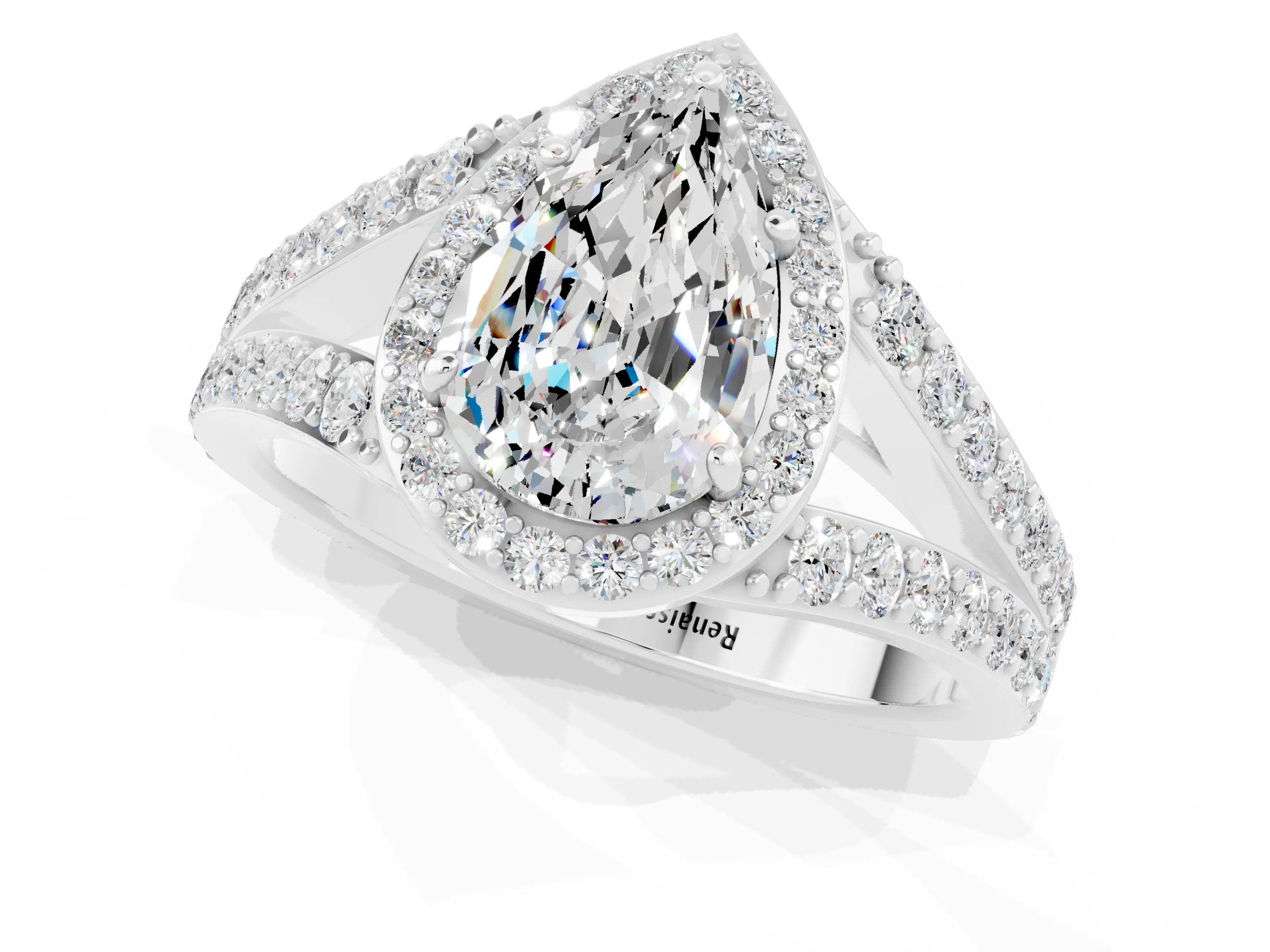 White gold Pear Cut Moissanite Split Shank Halo Ring with Four-Prong Setting_25