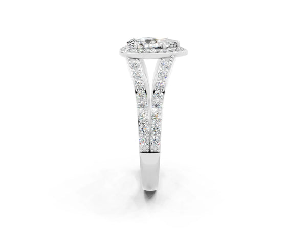 White gold Pear Cut Moissanite Split Shank Halo Ring with Four-Prong Setting