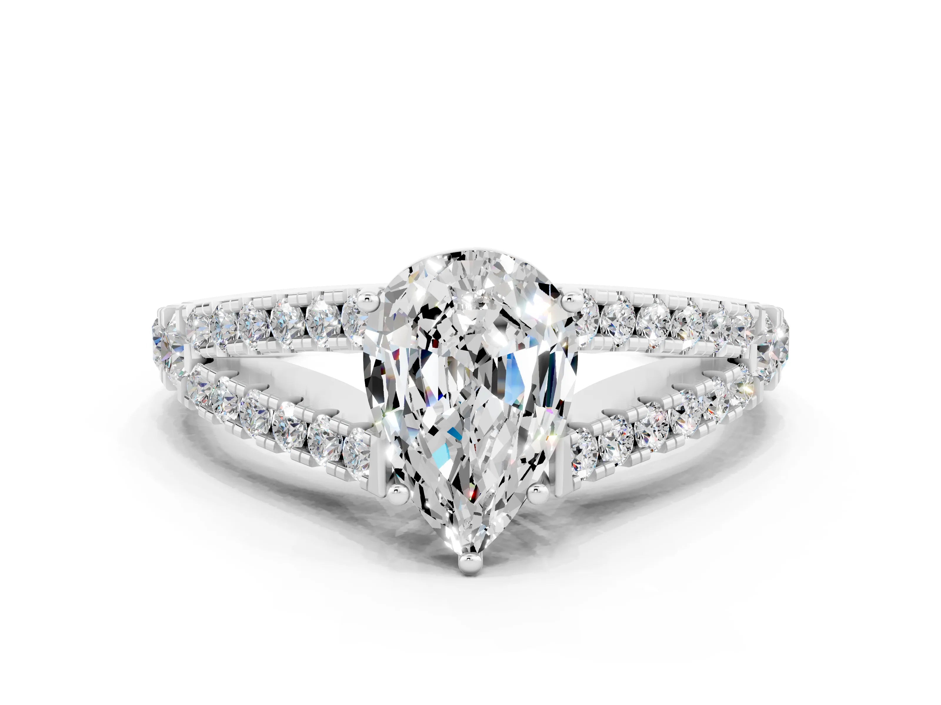 White gold Pear Cut Moissanite Split Shank Pavé Engagement Ring with Four-Prong Setting_12