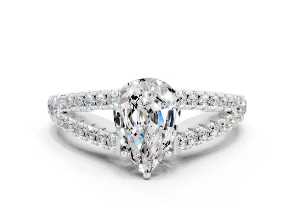 Platinum Pear Cut Moissanite Split Shank Pavé Engagement Ring with Four-Prong Setting