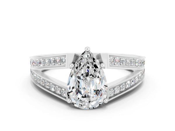 Platinum Pear Cut Moissanite Split Shank Ring with Pavé Band and Four-Prong Setting